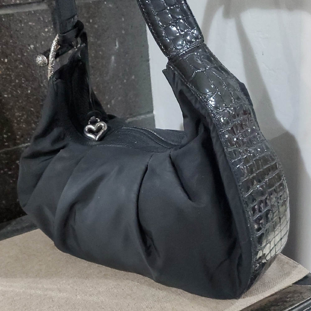 Vintage Brighton Black Canvas Shoulder Bag with Croc-Embossed Trim, Pleats